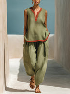 Ensemble Femme Chic en Coton-Lin Deux Pièces Pantalon Large et Haut Color-Block Contraste pour l'Été