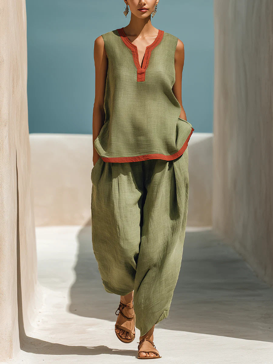 Ensemble Femme Chic en Coton-Lin Deux Pièces Pantalon Large et Haut Color-Block Contraste pour l'Été