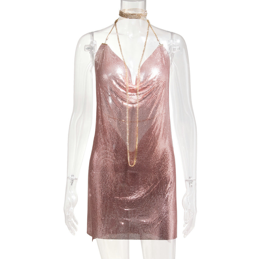 Robe Métallisée à Paillettes et Strass Femme