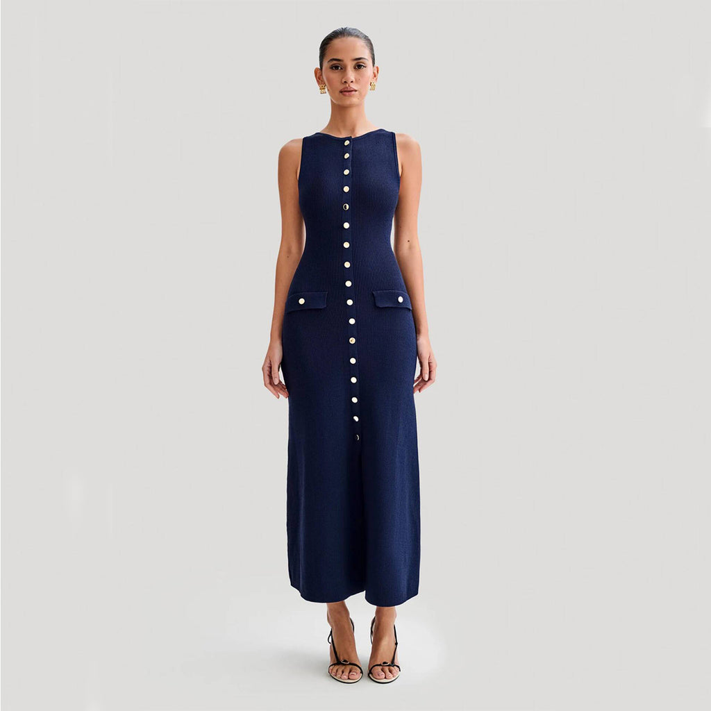 Robe longue élégante en tricot sans manches avec col rond, vêtement féminin