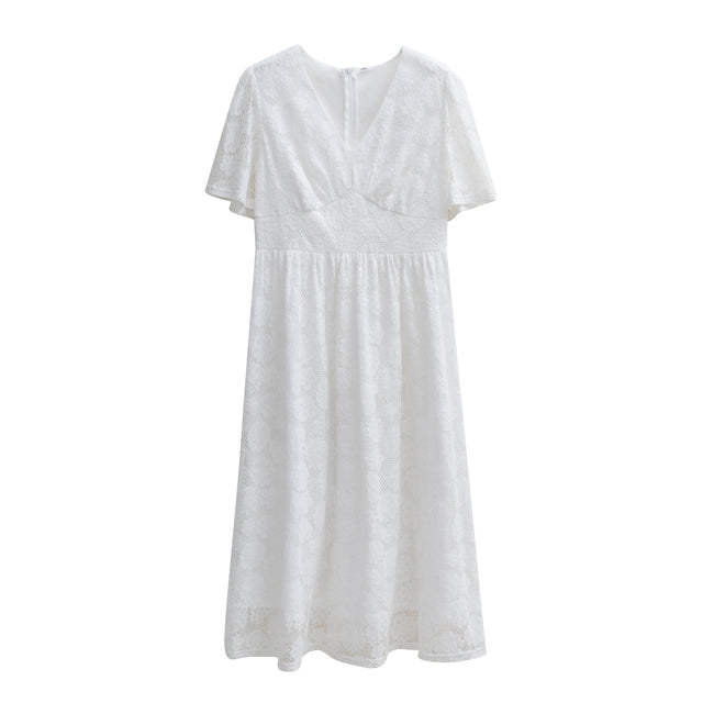 Robe longue élégante à col en V en dentelle et à manches courtes pour femmes Main Image