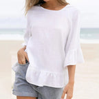 T-shirt décontracté à volants en coton et lin de couleur unie pour femme, chemisier de plage