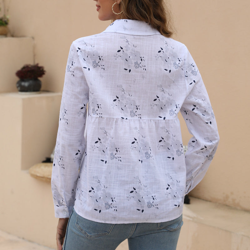 Chemise en lin et coton imprimée décontractée ample à manches longues pour femmes