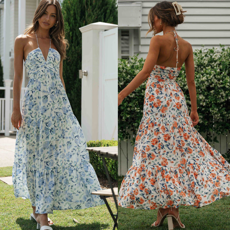 Robe longue sans manches en mousseline de soie à col en V et patchwork