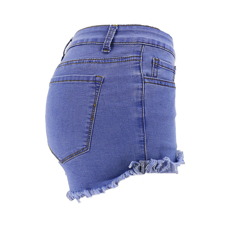 Short en jean femme taille haute bleu avec franges aux pieds