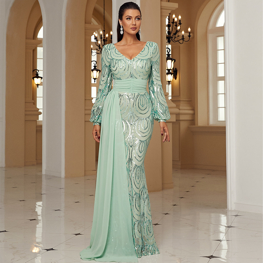 Robe de soirée longue à sequins, manches longues, col en V, avec ruban