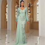 Robe de soirée longue à sequins, manches longues, col en V, avec ruban