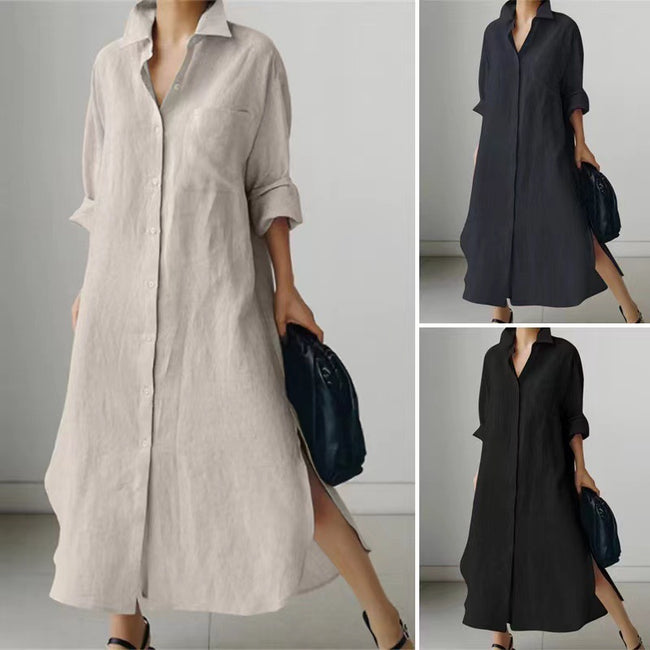 Robe chemise fendue pour femme, couleur unie, cardigan à manches longues, robe longue irrégulière Hover Image