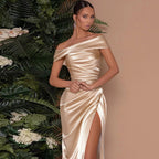 Élégante robe longue fendue en satin à épaules dénudées, robe de soirée de mariage extra longue, robe de soirée de Noël, robe de demoiselle d'honneur