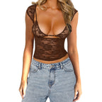 Ensemble deux pièces de lingerie camisole en dentelle transparente pour femme avec haut à manches longues
