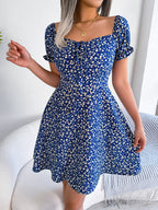 Robe décontractée femme à manches cloche, taille nouée avec cordon de serrage et imprimé floral fluide