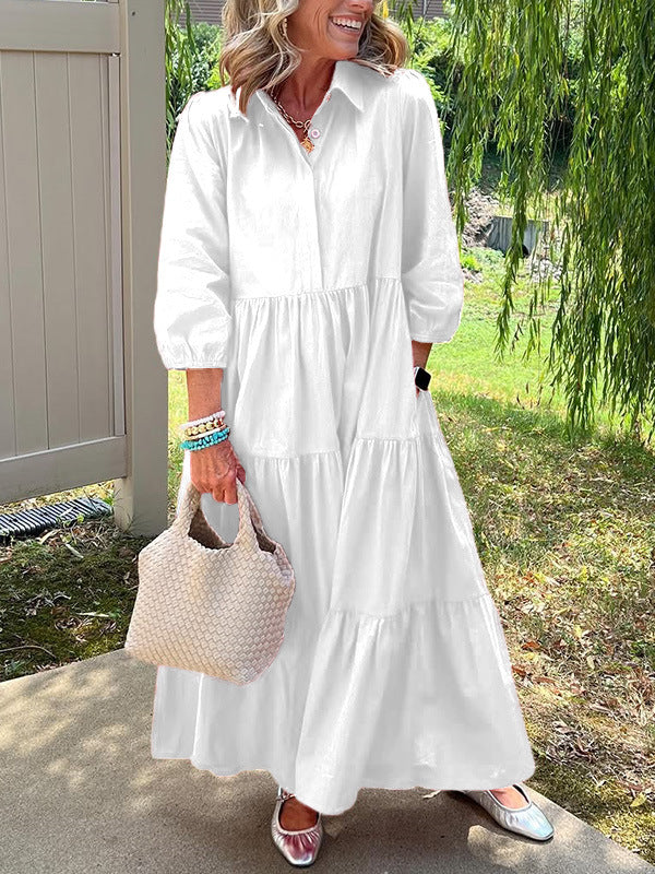 Robe ample décontractée à revers, manches mi-longues et grand tombé