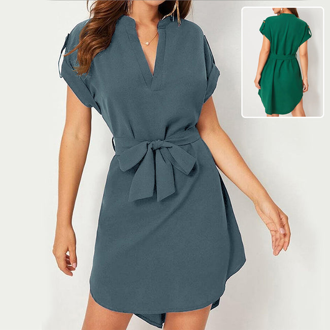 Robe courte à col en V et manches courtes avec ceinture, robe d'été à nœud papillon tendance pour femmes Hover Image