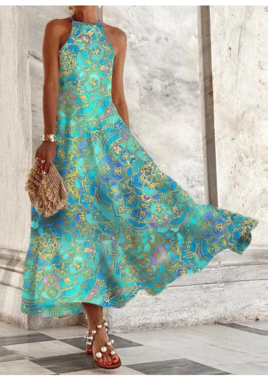 Robe longue confortable sans manches pour femme, à motif porcelaine bleue et blanche