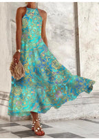 Robe longue confortable sans manches pour femme, à motif porcelaine bleue et blanche