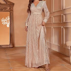 Robe de soirée élégante à sequins, manches longues, col en V et taille haute