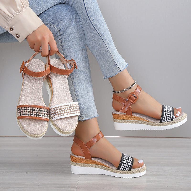 Sandales à imprimé pied-de-poule pour femme, chaussures habillées d'été à boucle