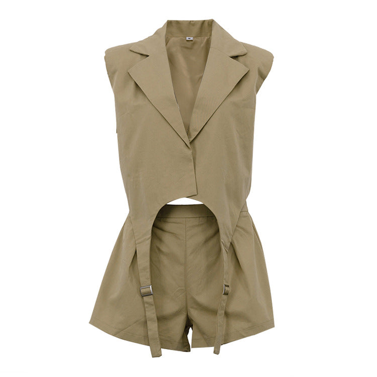 Ensemble Coordonné Blazer sans Manches Oversize & Short Kaki