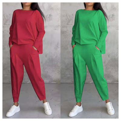 Ensemble tailleur irrégulier femme - Haut à manches longues et col rond et pantalon sarouel ample avec poches - Vêtements pour femmes style Ins