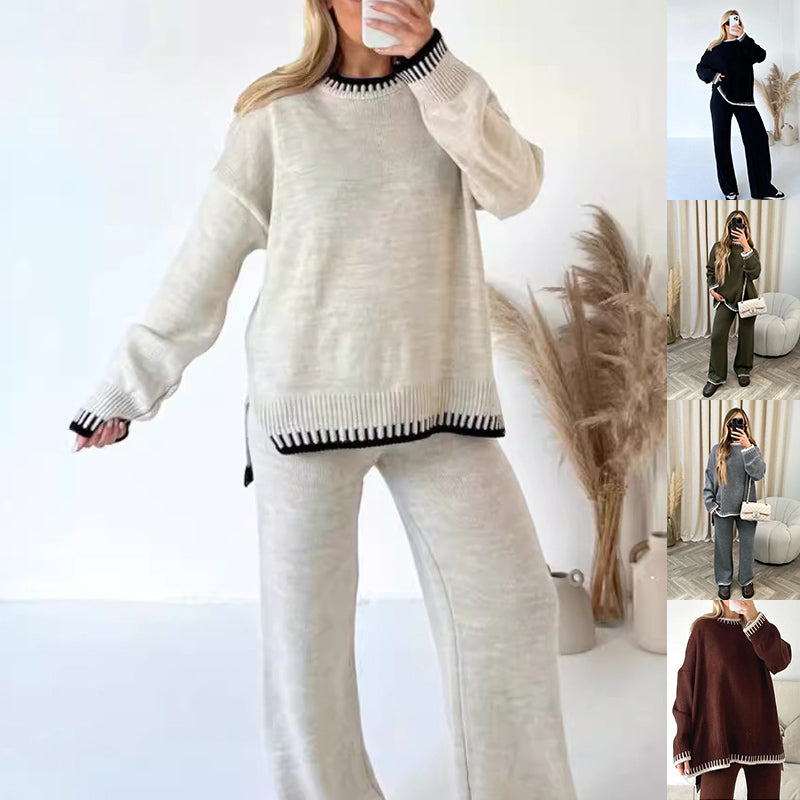 Ensemble deux pièces mode pour femme : haut pull à manches longues fendues et pantalon droit ample de couleur unie