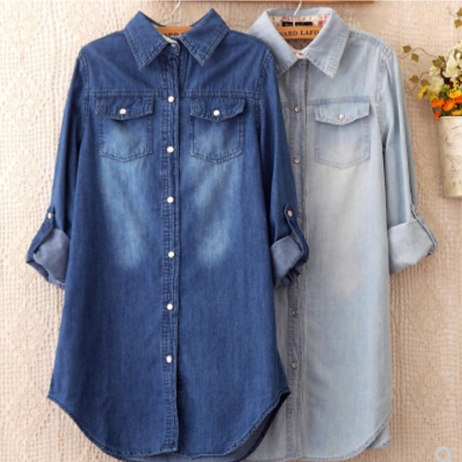 Chemise en jean amincissante mi-longue pour femme Hover Image
