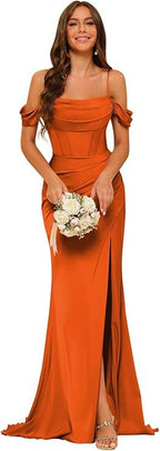 Robe de bal corset en satin épaules dénudées pour demoiselle d'honneur