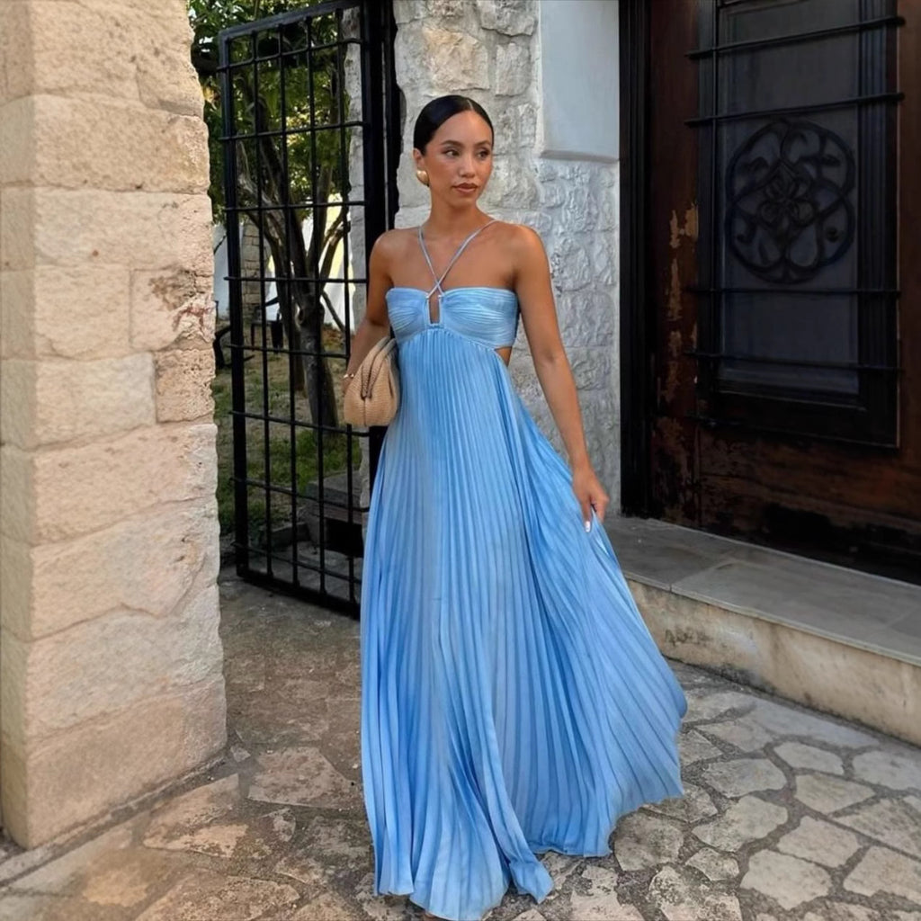 Robe longue plissée sans manches à bretelles, taille haute évidée, dos nu pour soirée, club, vêtement femme