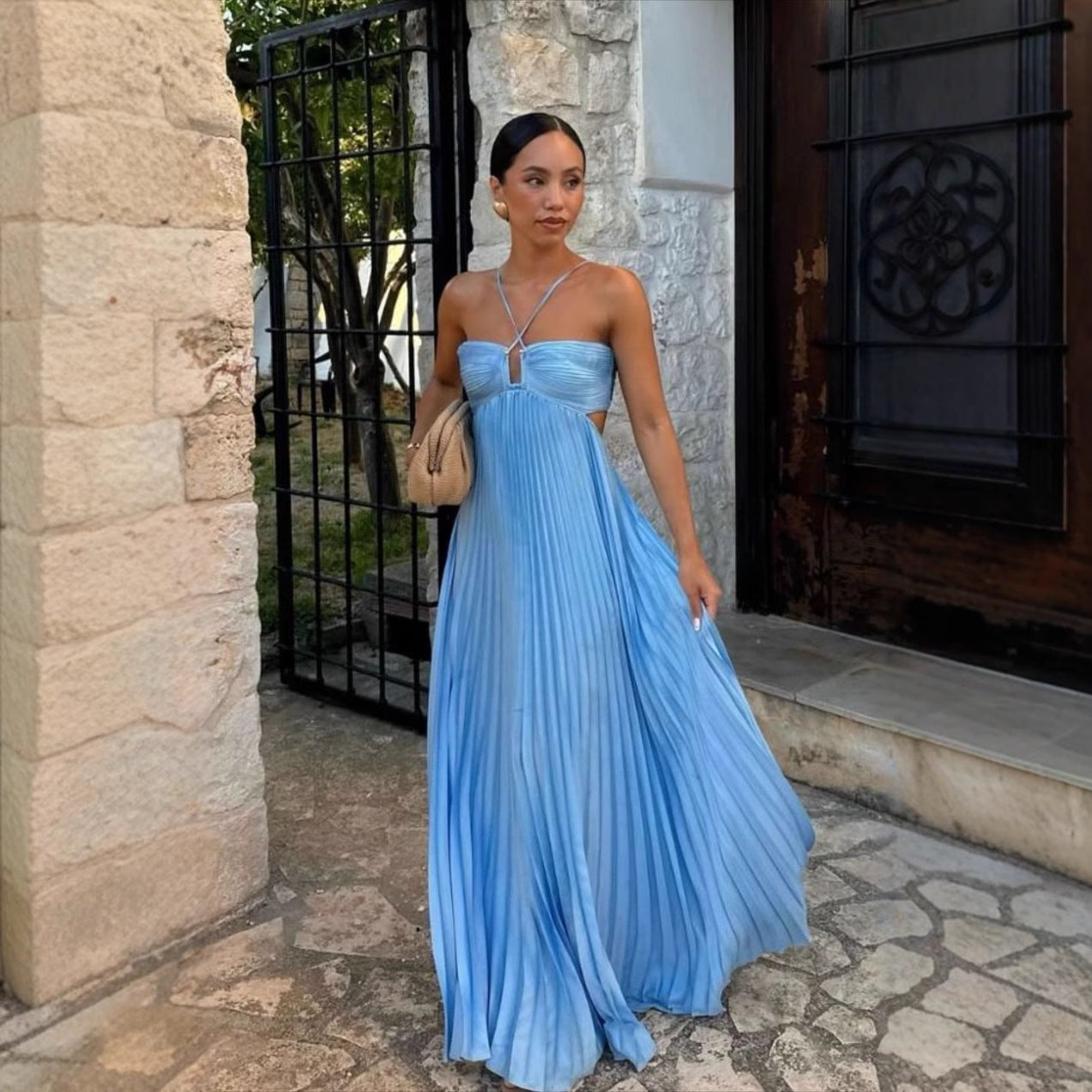 Robe longue plissée sans manches à bretelles, taille haute évidée, dos nu pour soirée, club, vêtement femme