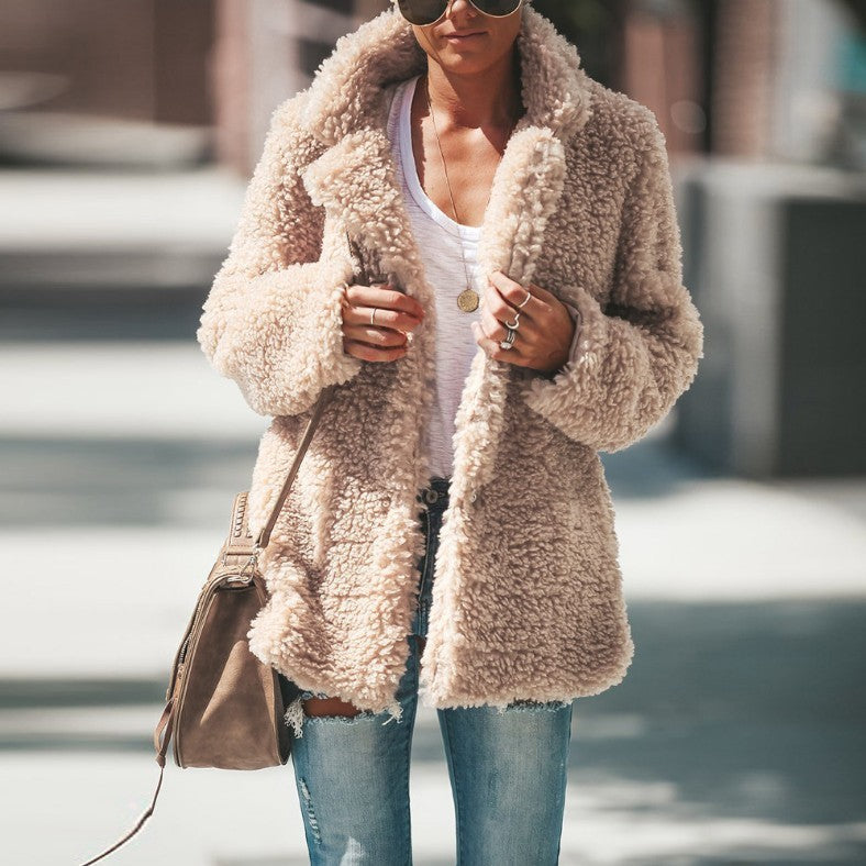 Manteau Femme Hiver à Revers Manches Longues en Fausse Fourrure Moelleuse