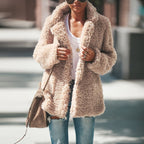 Manteau Femme Hiver à Revers Manches Longues en Fausse Fourrure Moelleuse