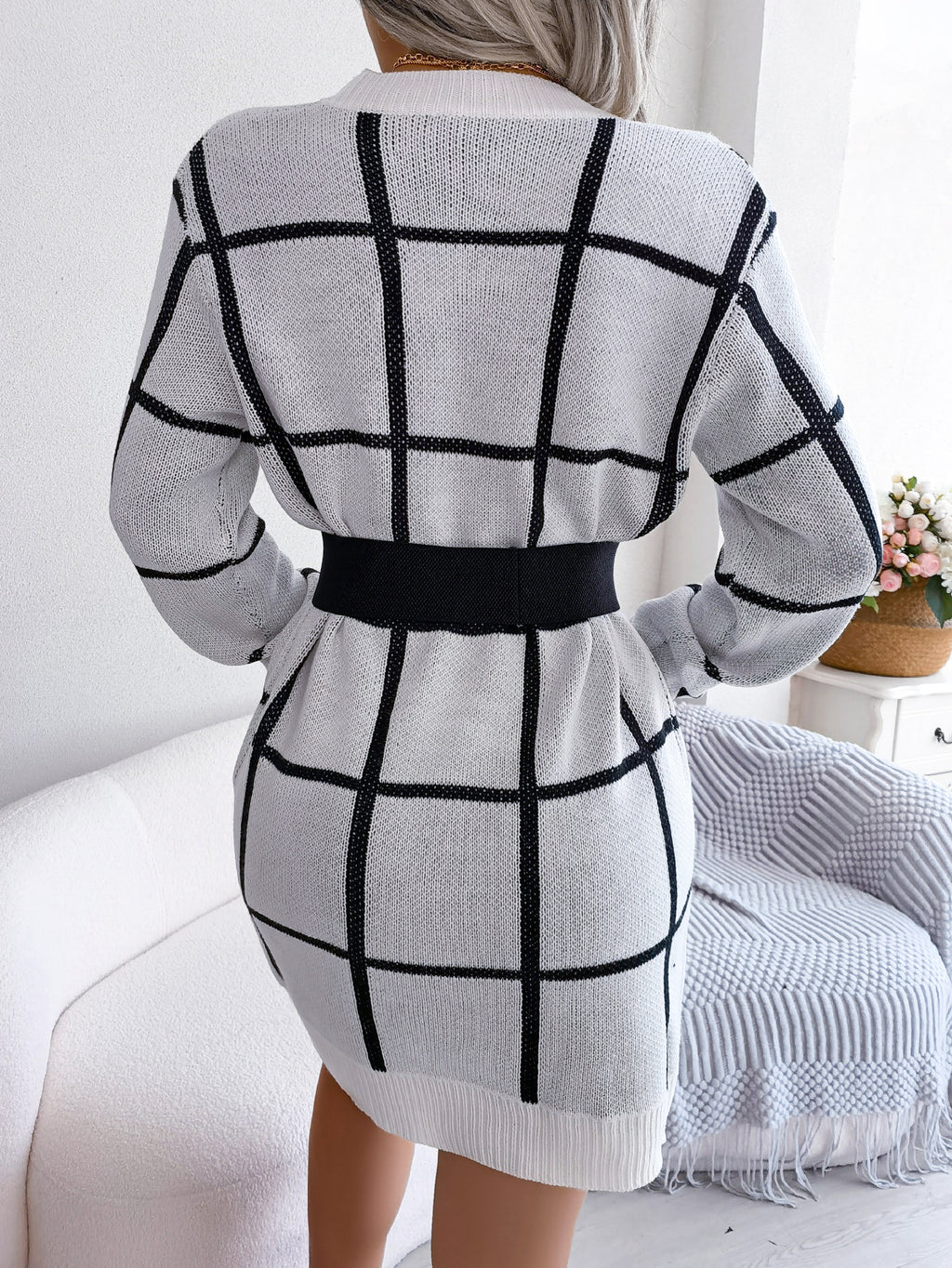 Robe pull décontractée à manches longues à carreaux color block