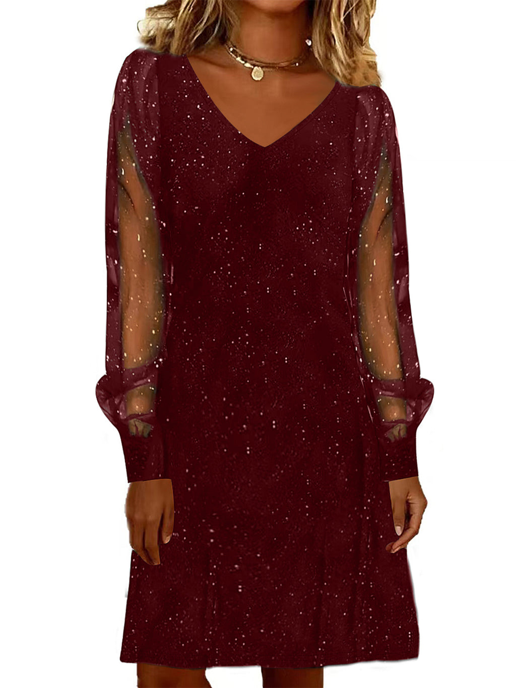 Robe élégante pour femme Col en V Manches en maille brillantes et lumineuses Mini-robes pour femmes Robe de soirée noire d'automne et d'hiver