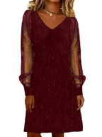 Robe élégante pour femme Col en V Manches en maille brillantes et lumineuses Mini-robes pour femmes Robe de soirée noire d'automne et d'hiver