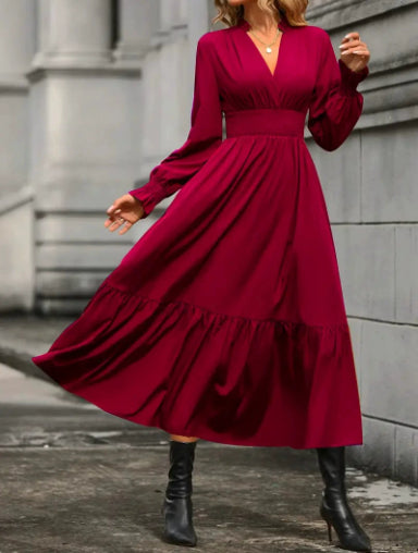 Robe femme col V manches longues lanterne
