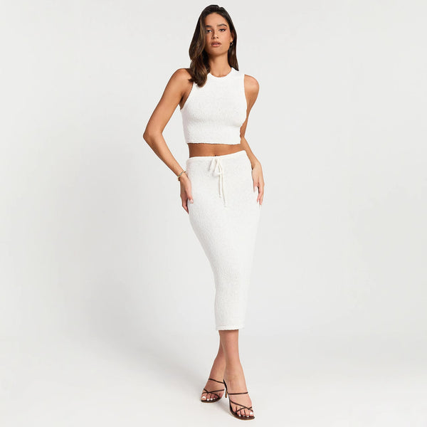 Ensemble deux pièces jupe longue taille haute tricotée sans manches de couleur unie pour femme, mode vacances