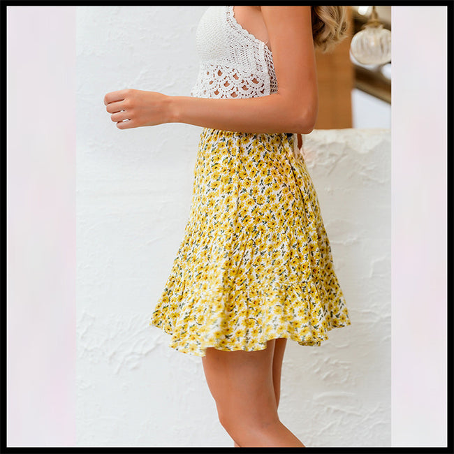 Jupe taille haute à volants imprimé petites marguerites Hover Image