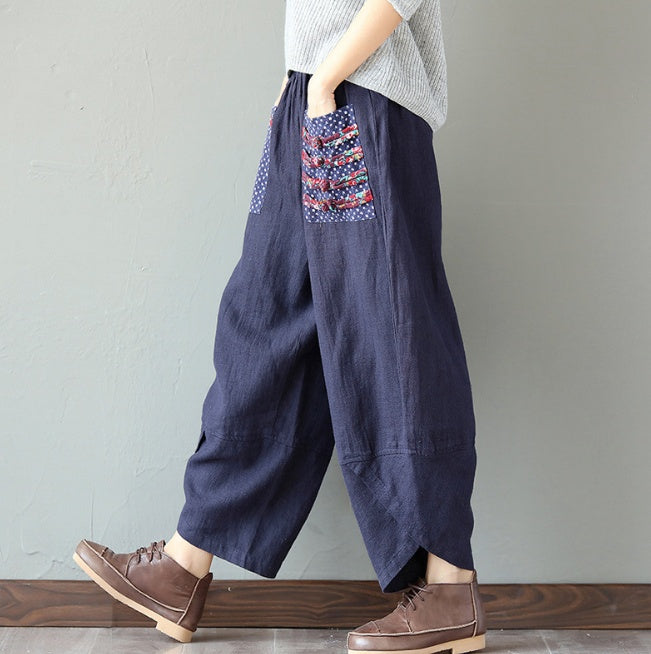Pantalon ample femme en coton et lin à jambes larges