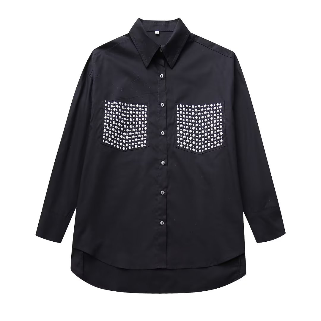 Chemise ample à manches longues ornée de rivets, style streetwear pour femme