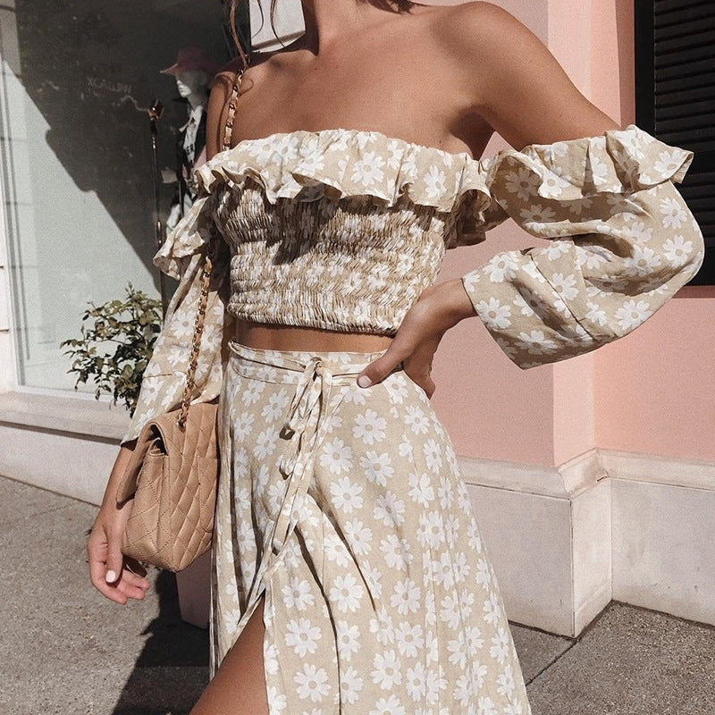 Robe moulante à volants avec robe trapèze florale à épaules dénudées