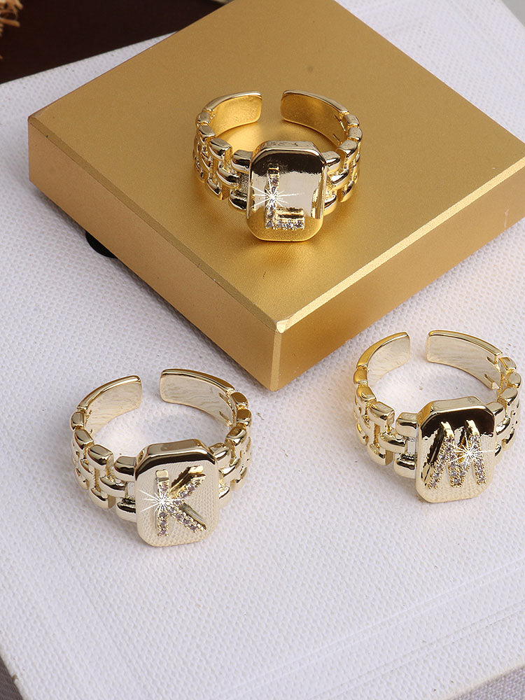 Bague chaîne maillons de bracelet de montre carrés épais en strass lettre initiale A-Z brillantes pour femme Bijoux de boutique