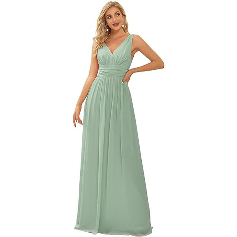 Robe longue de soirée élégante en mousseline sans manches avec décolleté en V profond pour femme