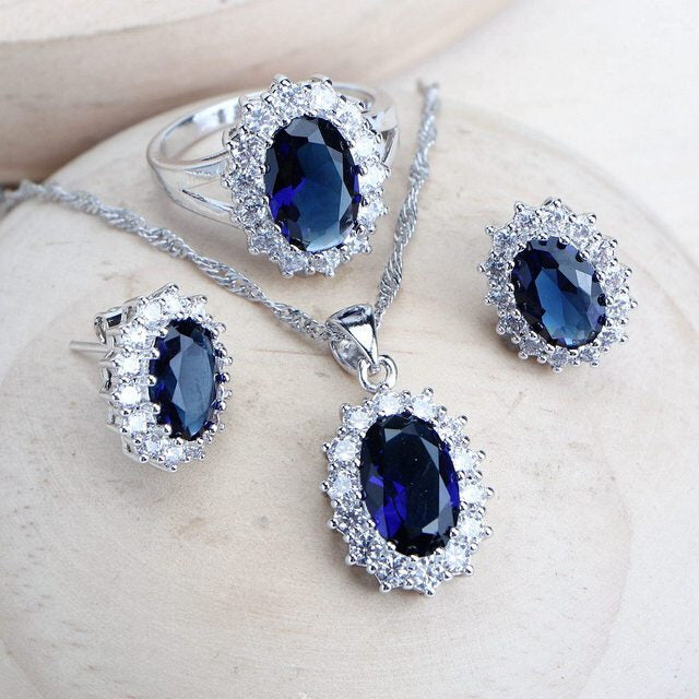 Parures de Bijoux de Mariage pour Femme en Argent 925, Zircon cubique bleu