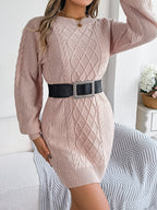 Robe Pull Femme Tricoté Torsadé Couleur Unie Manches Lanternes Resserrées