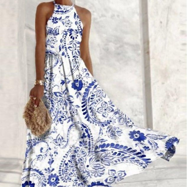 Robe longue confortable sans manches pour femme, à motif porcelaine bleue et blanche