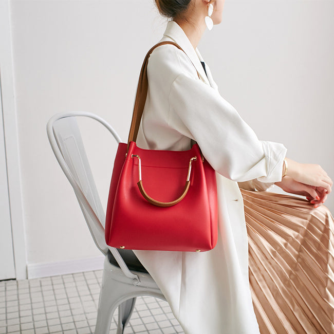 Sac à main pour femme, grande capacité, sac fourre-tout décontracté, sac à bandoulière pour femme, sac seau couleur unie Main Image