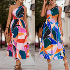 Robe imprimée à col en V, manches volantées et laçage