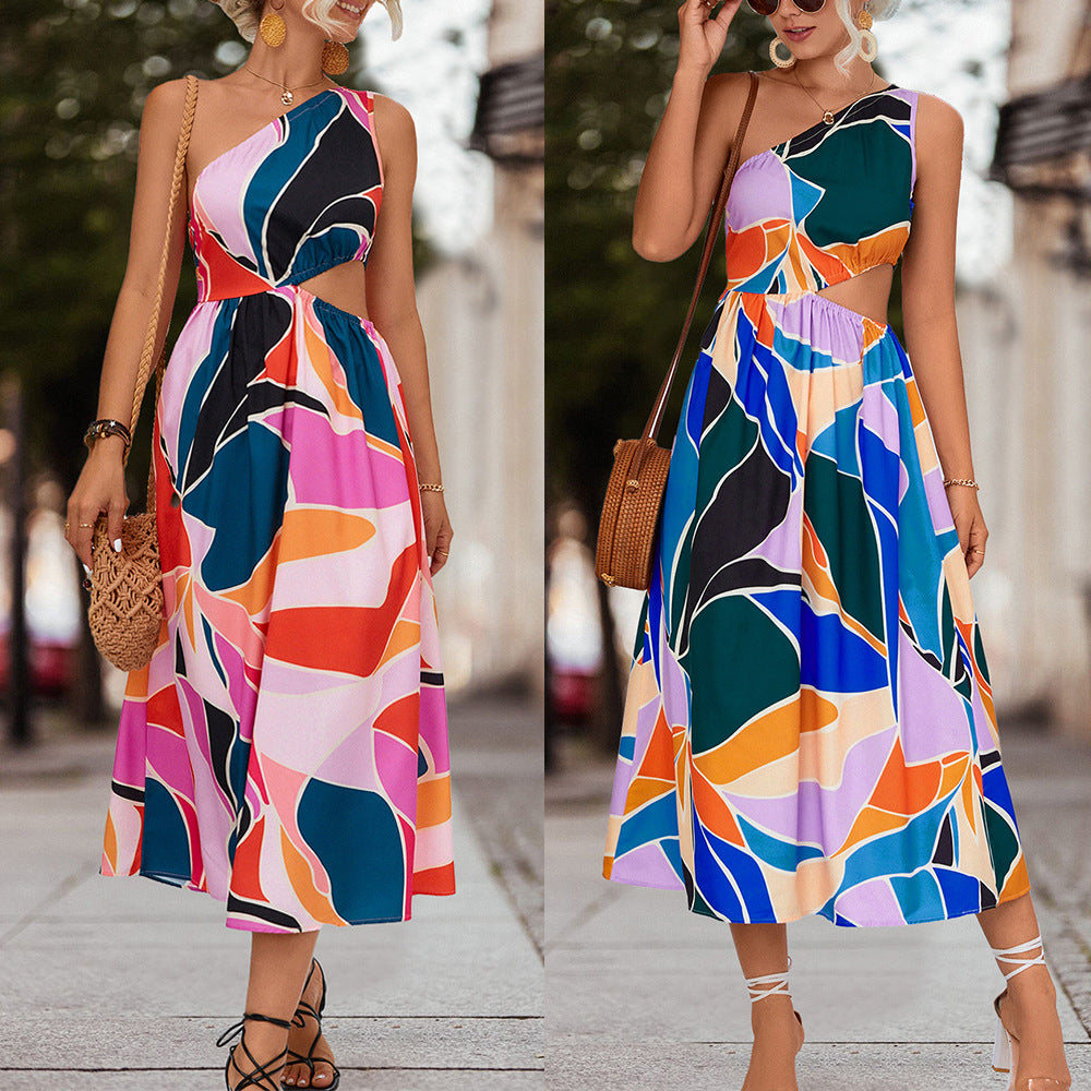 Robe imprimée à col en V, manches volantées et laçage