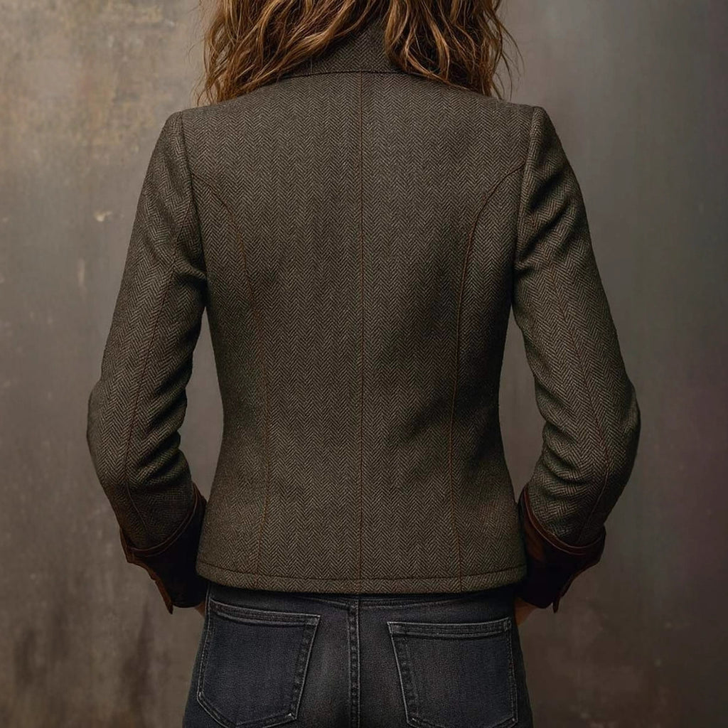 Blazer en tweed vintage à motif chevrons avec liseré en velours