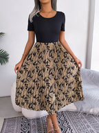 Femmes Robe midi plissée taille haute imprimé feuilles décontractée