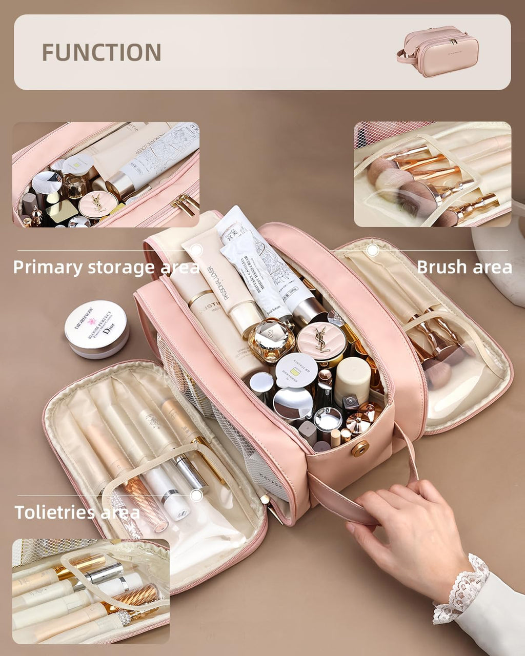 Trousse de Maquillage de Voyage pour Femmes, Organisateur de Cosmétiques Grande Capacité avec Large Ouverture, Trousse de Toilette Étanche et Portable pour un Accès Facile